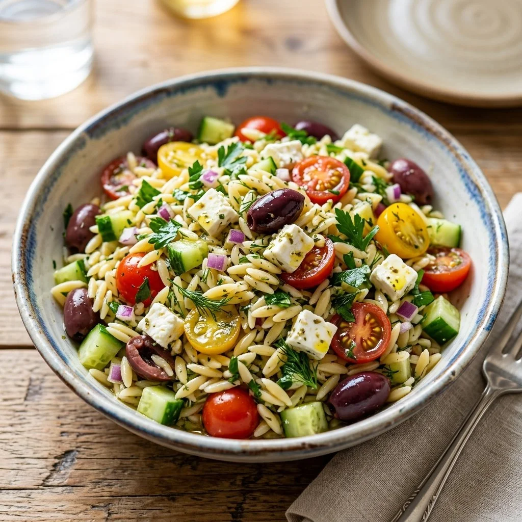 A vibrant bowl of Greek Orzo Salad with fresh vegetables and feta cheese
