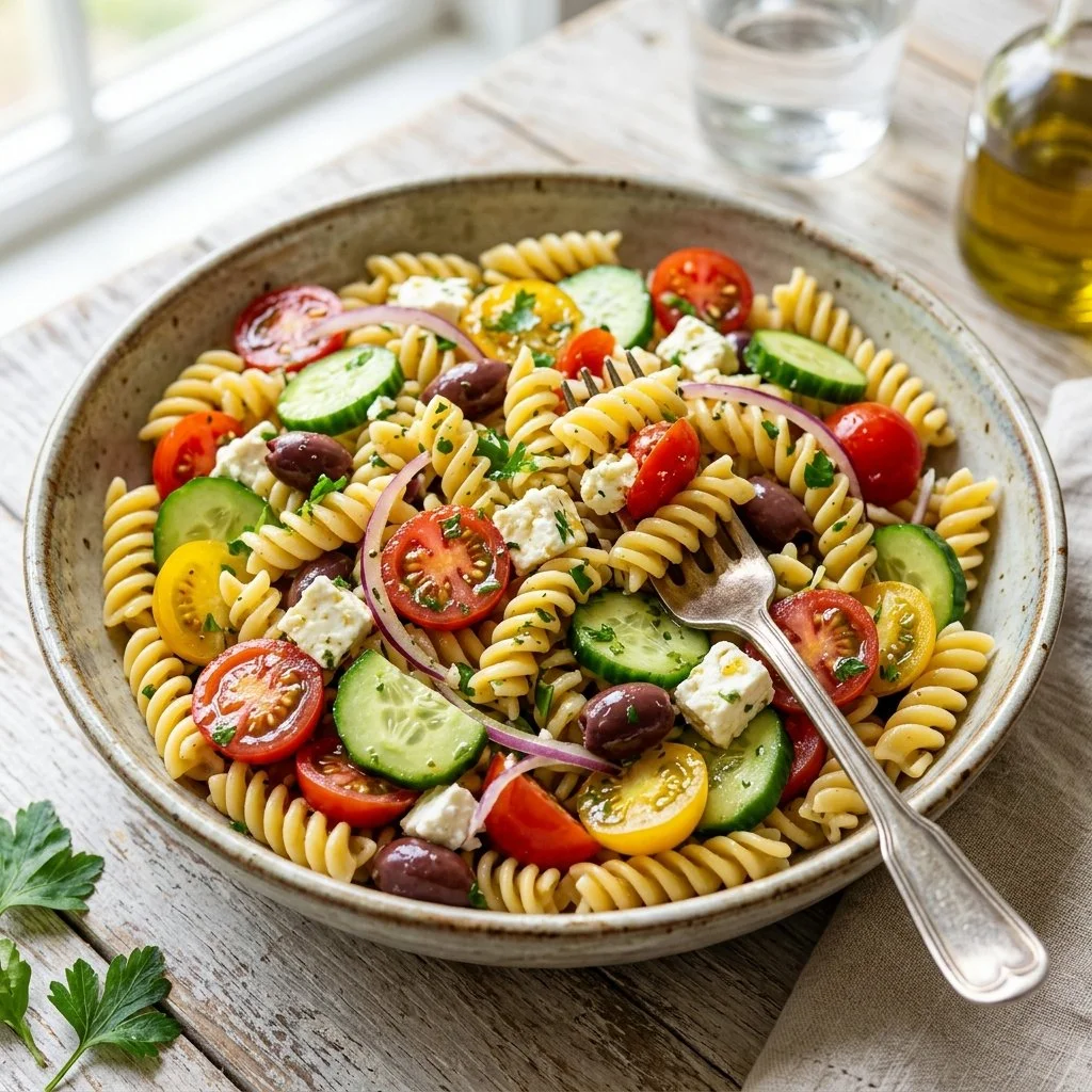Colorful Greek pasta salad with olives, feta, and vegetables in a bowl