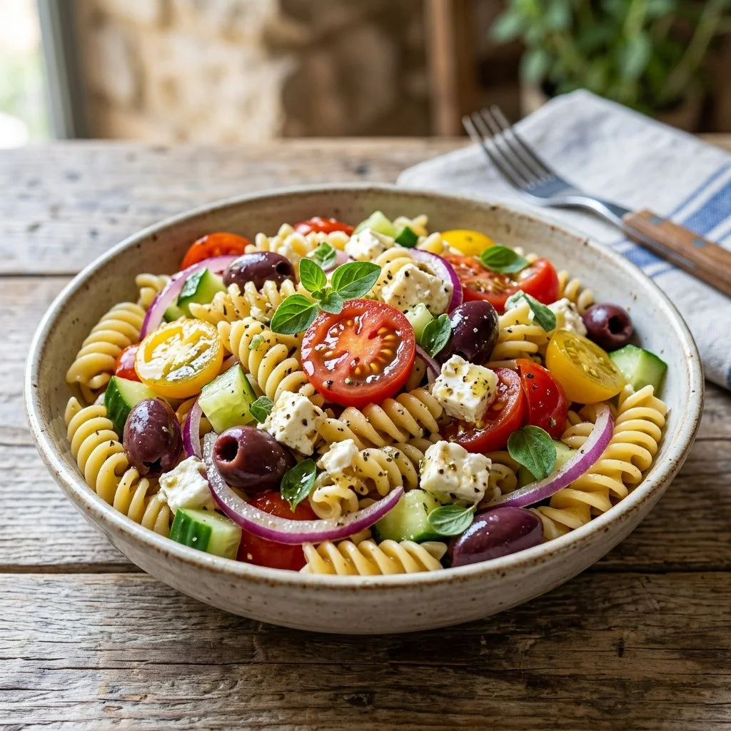 Delicious Greek Pasta Salad with tomatoes, olives, and feta cheese