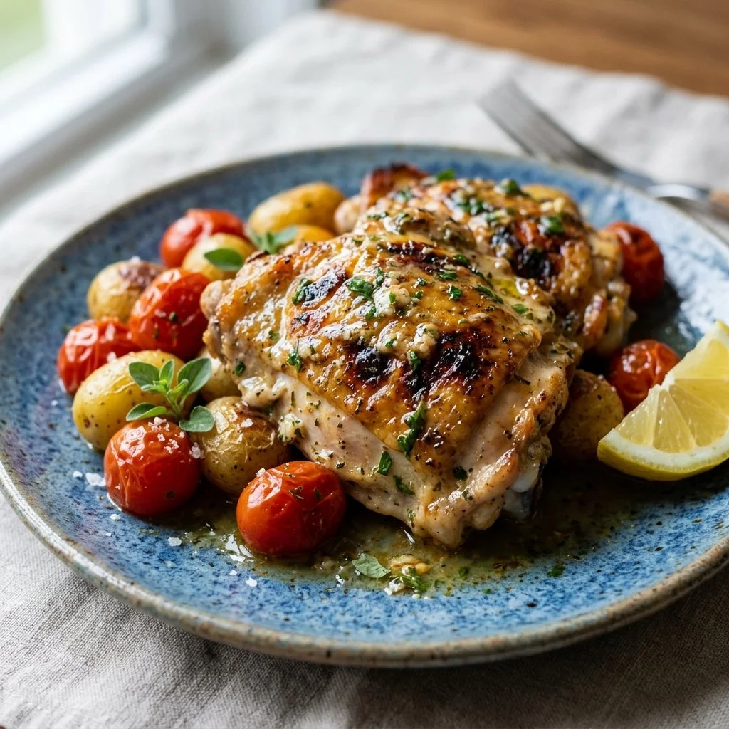 Delicious Greek yogurt chicken garnished with herbs on a plate