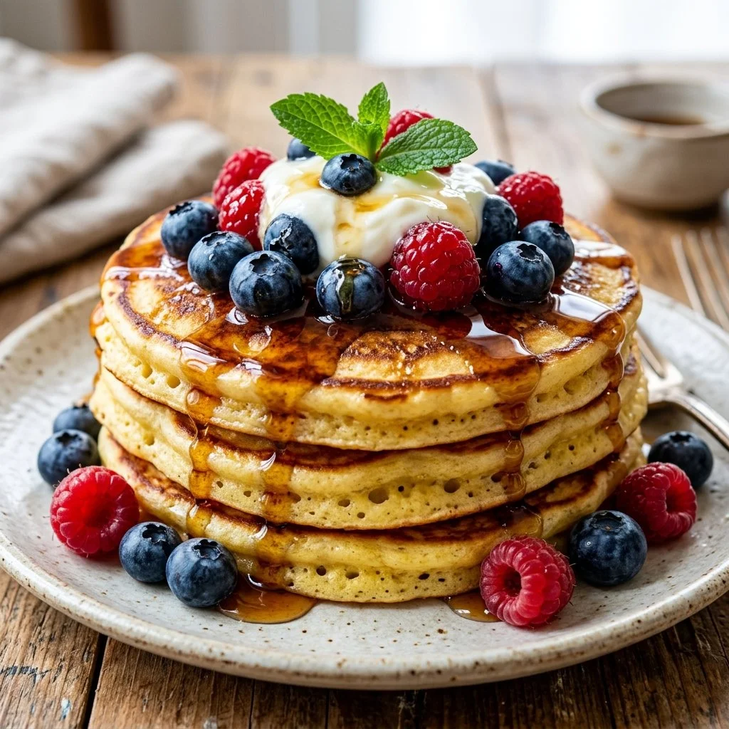Stack of fluffy Greek Yogurt Pancakes topped with fresh berries