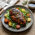 Juicy grilled balsamic chicken on the barbecue with herbs