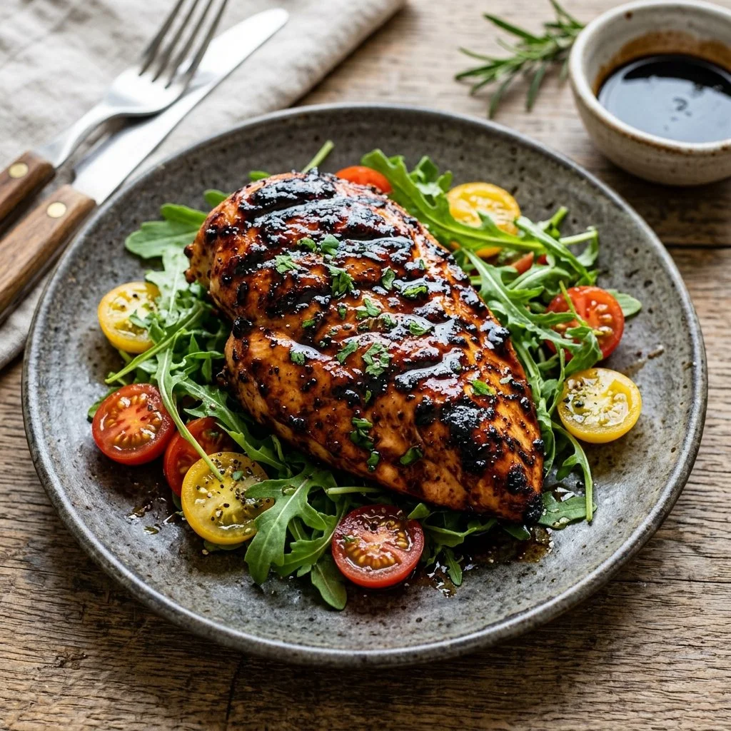 Juicy grilled balsamic chicken on the barbecue with herbs