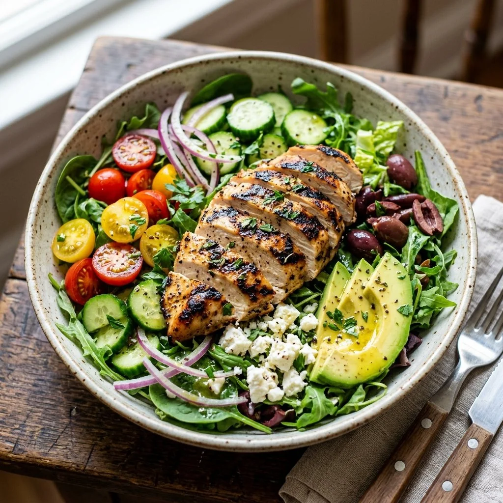 Healthy grilled chicken salad with fresh vegetables and dressing