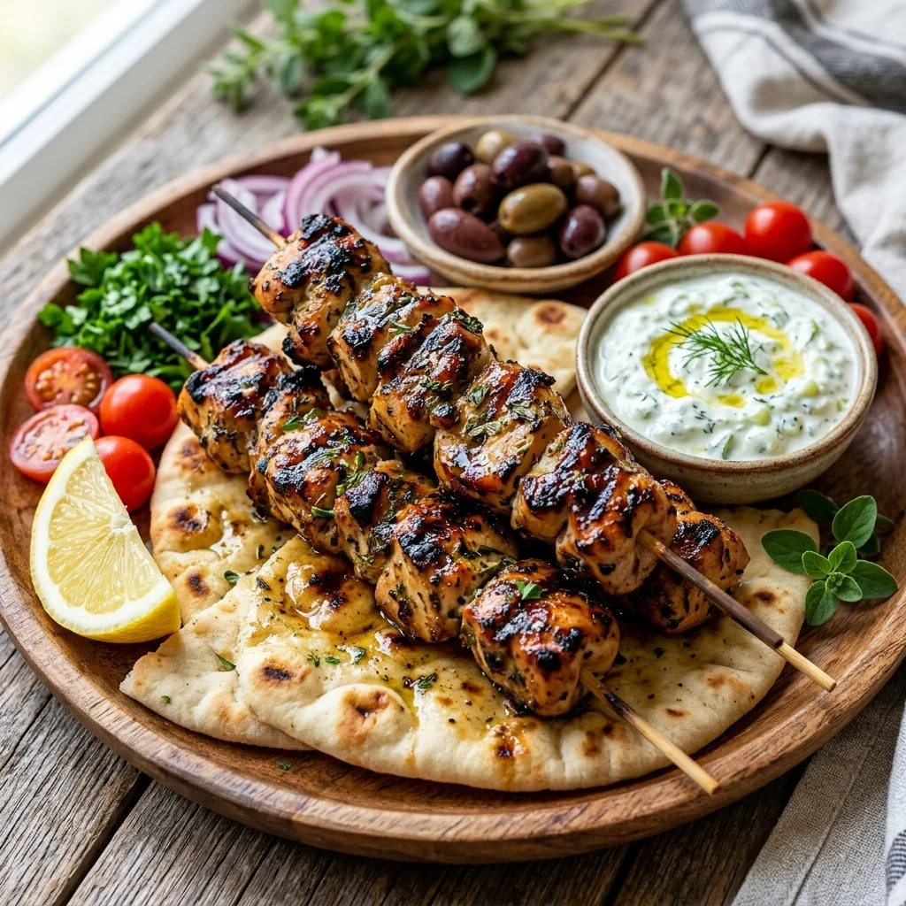 Delicious grilled chicken souvlaki served with fresh vegetables and tzatziki sauce