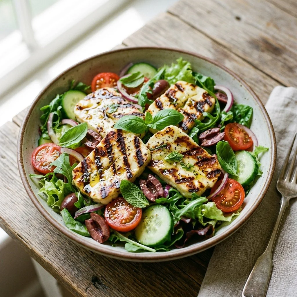 Plate of grilled halloumi salad with fresh vegetables and dressing