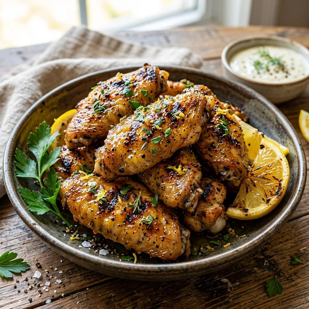 Delicious grilled lemon pepper wings garnished for serving