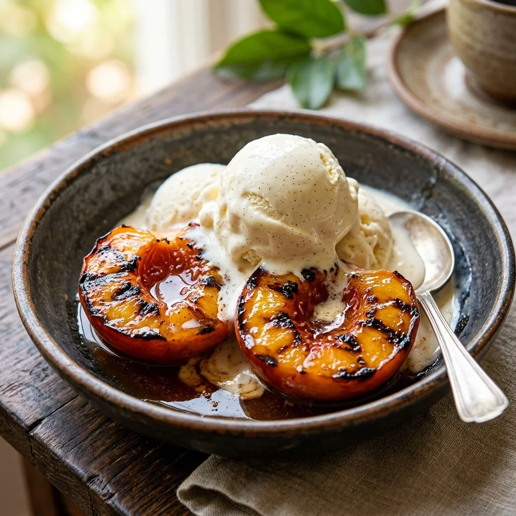 Grilled peaches served with a scoop of ice cream on a plate