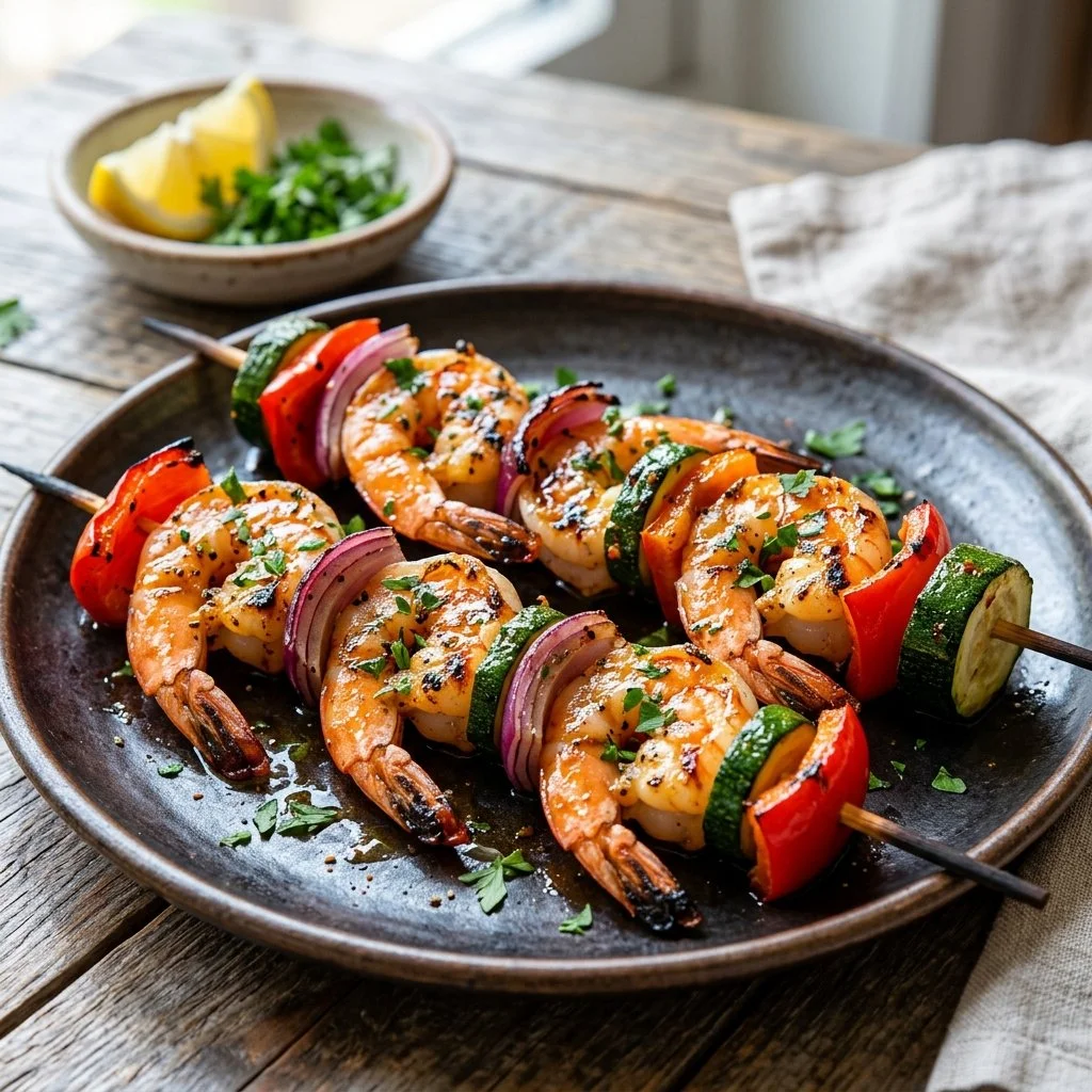 Grilled shrimp kabobs served on skewers with colorful vegetables