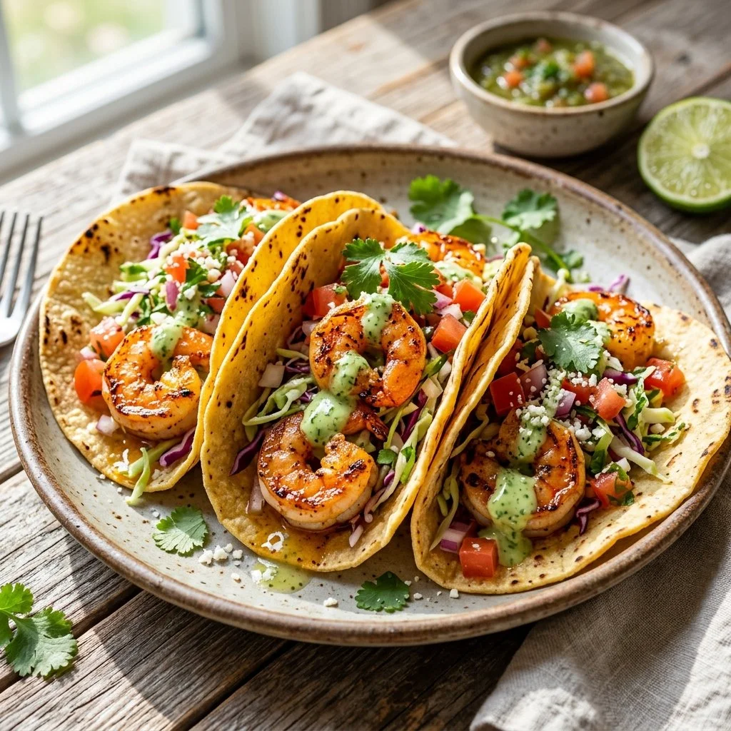Plate of flavorful grilled shrimp tacos with fresh toppings and lime wedges