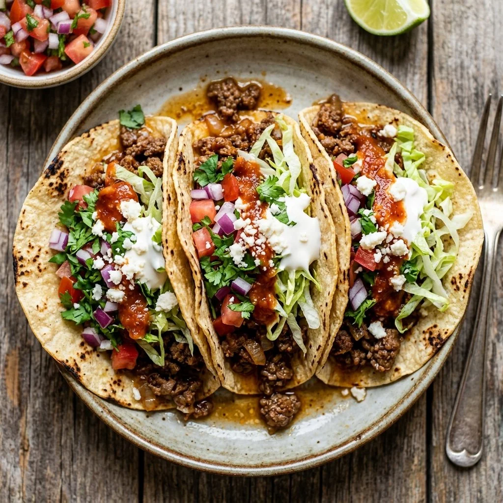 Plate of flavorful ground beef tacos topped with fresh ingredients.