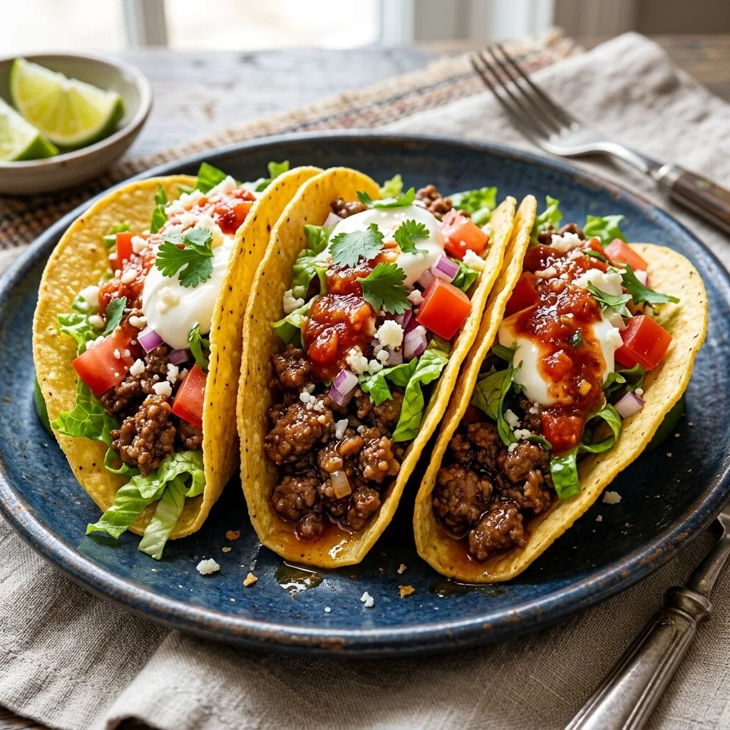Delicious ground beef tacos topped with fresh vegetables and salsa