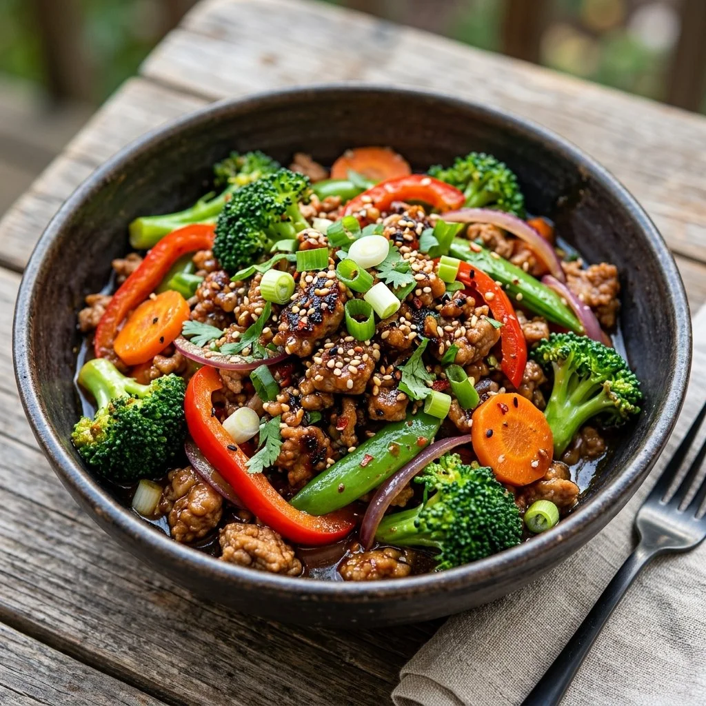 Delicious ground turkey stir fry with colorful vegetables in a skillet