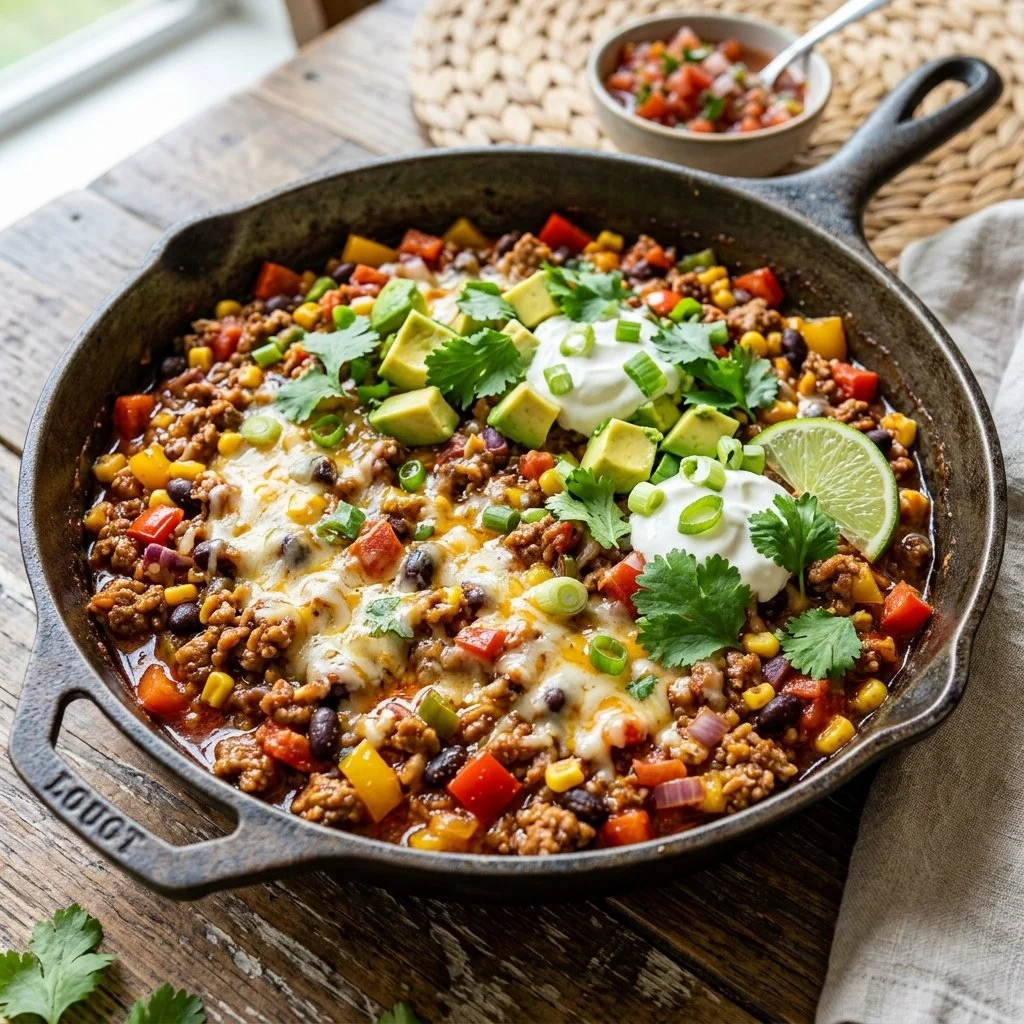 Delicious ground turkey taco skillet served in a cast-iron pan with toppings.
