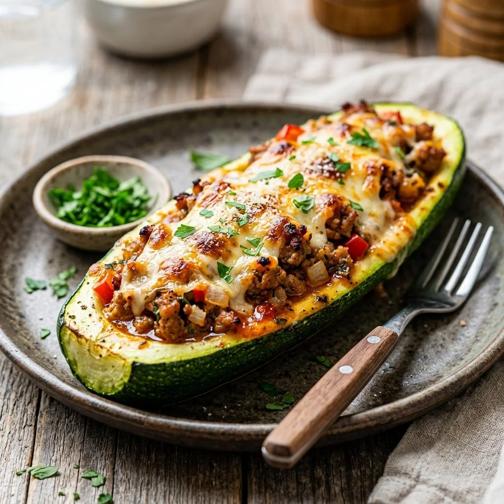 Ground turkey zucchini boats topped with cheese and herbs, a healthy meal option