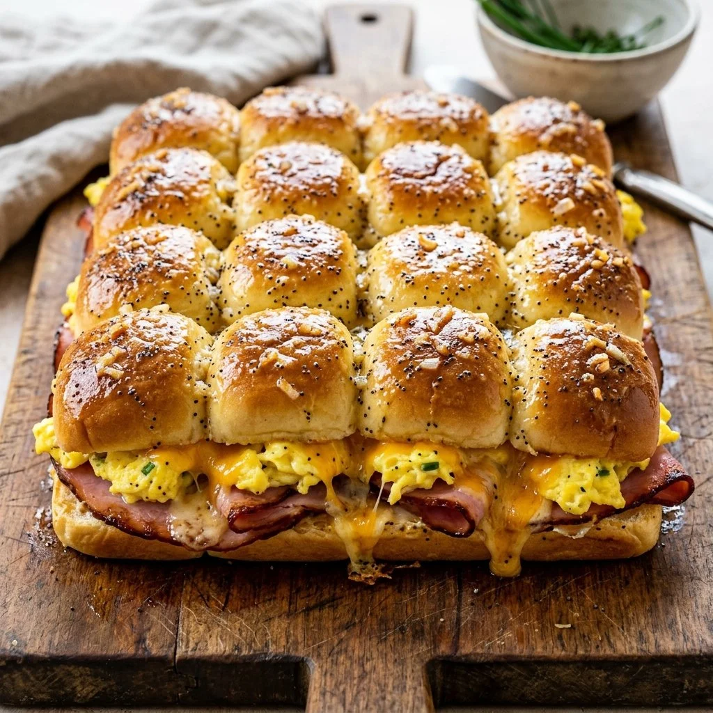 Ham and cheese breakfast sliders on a platter