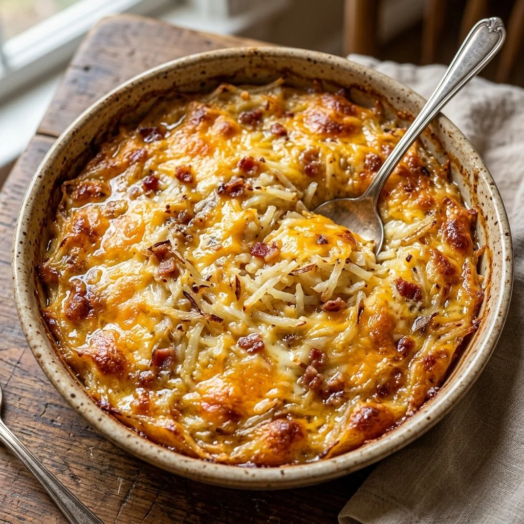 Delicious Hash Brown Casserole served in a baking dish, topped with cheese.