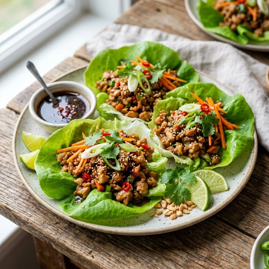 Delicious healthy chicken lettuce wraps served with fresh vegetables
