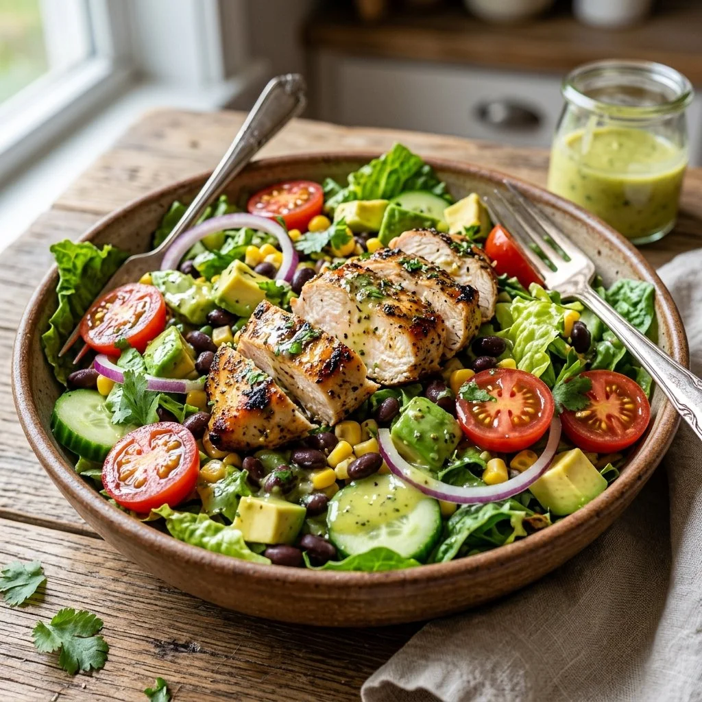 Healthy chicken salad with fresh ingredients and vibrant colors