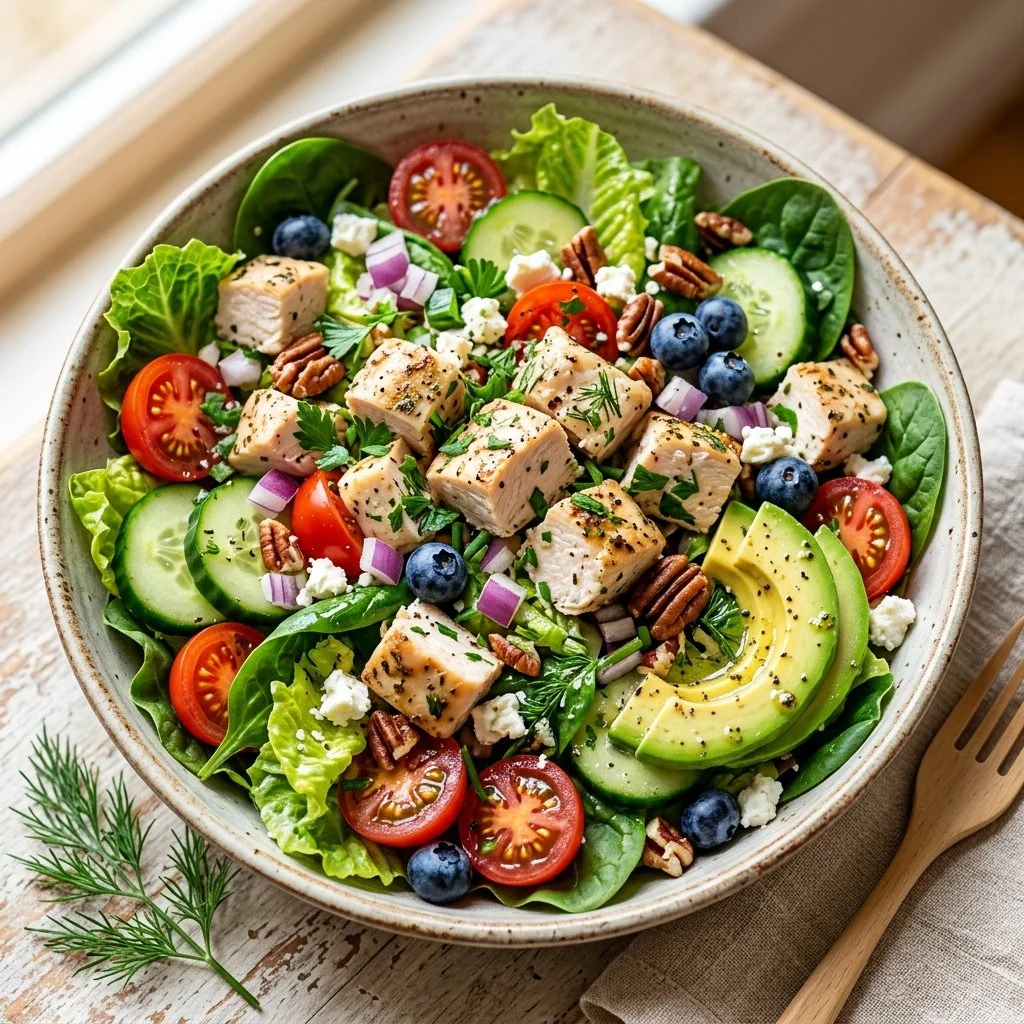 Healthy chicken salad with fresh vegetables and lean chicken breast