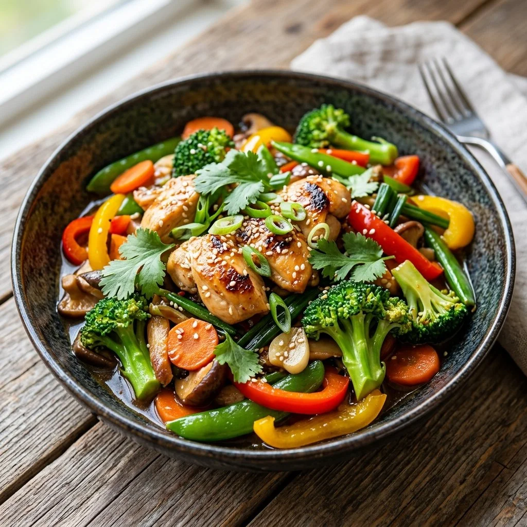 Healthy chicken stir fry with vibrant vegetables served in a bowl.