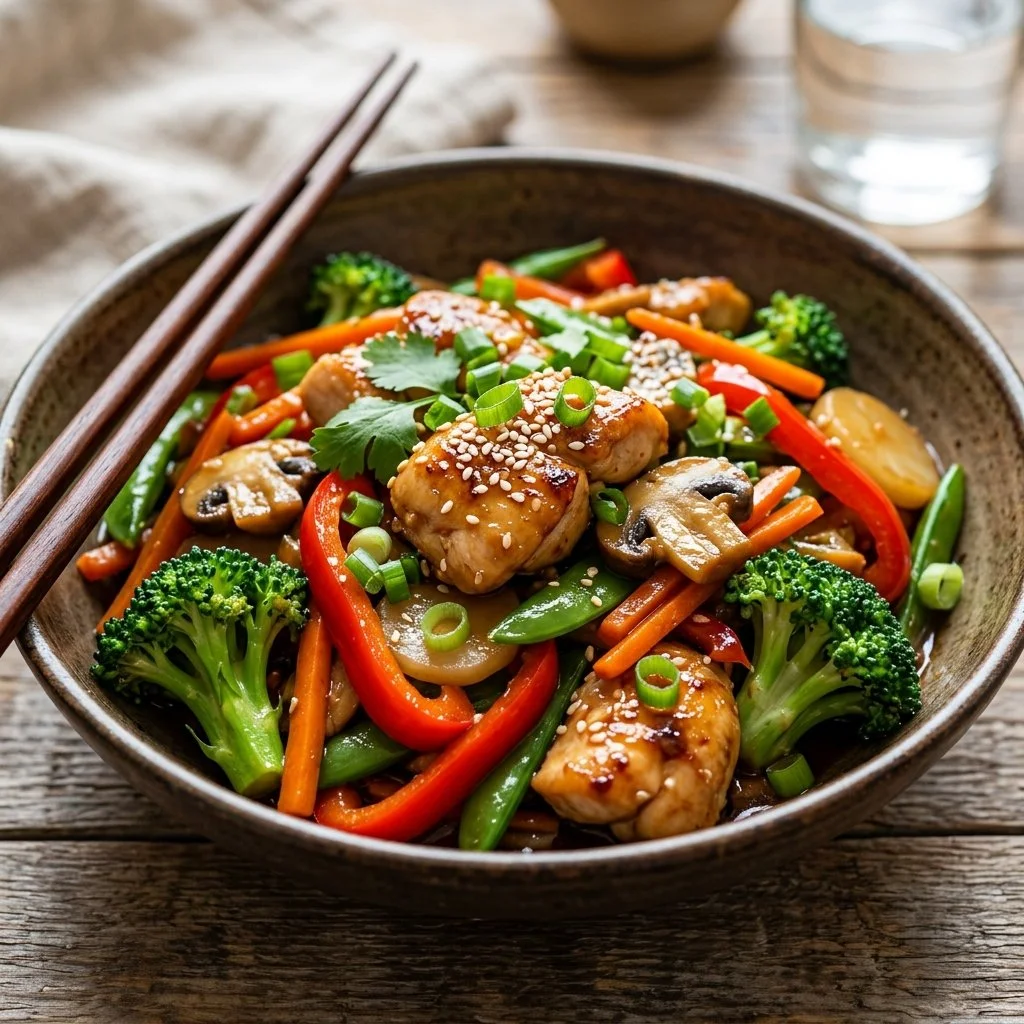 Healthy chicken stir fry with colorful vegetables and lean protein served in a bowl