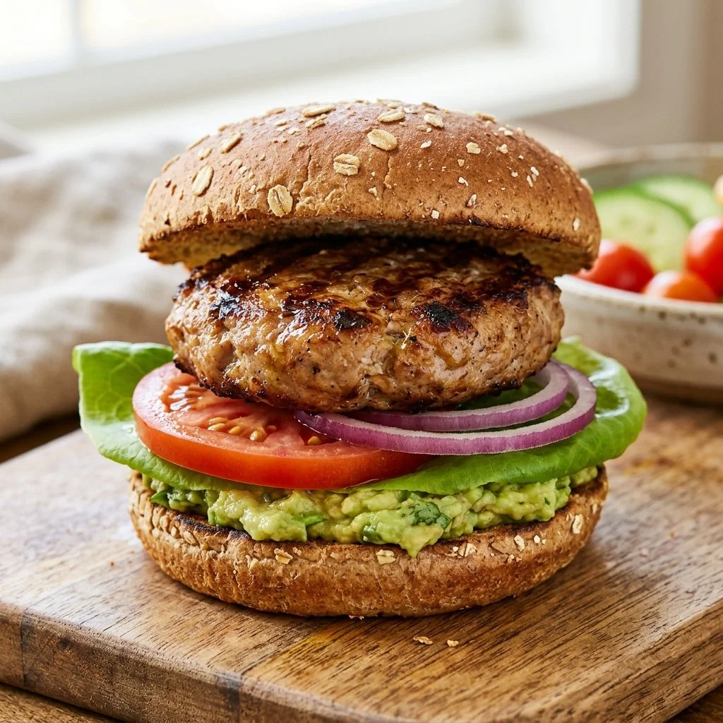 Healthy turkey burgers topped with fresh ingredients on a plate