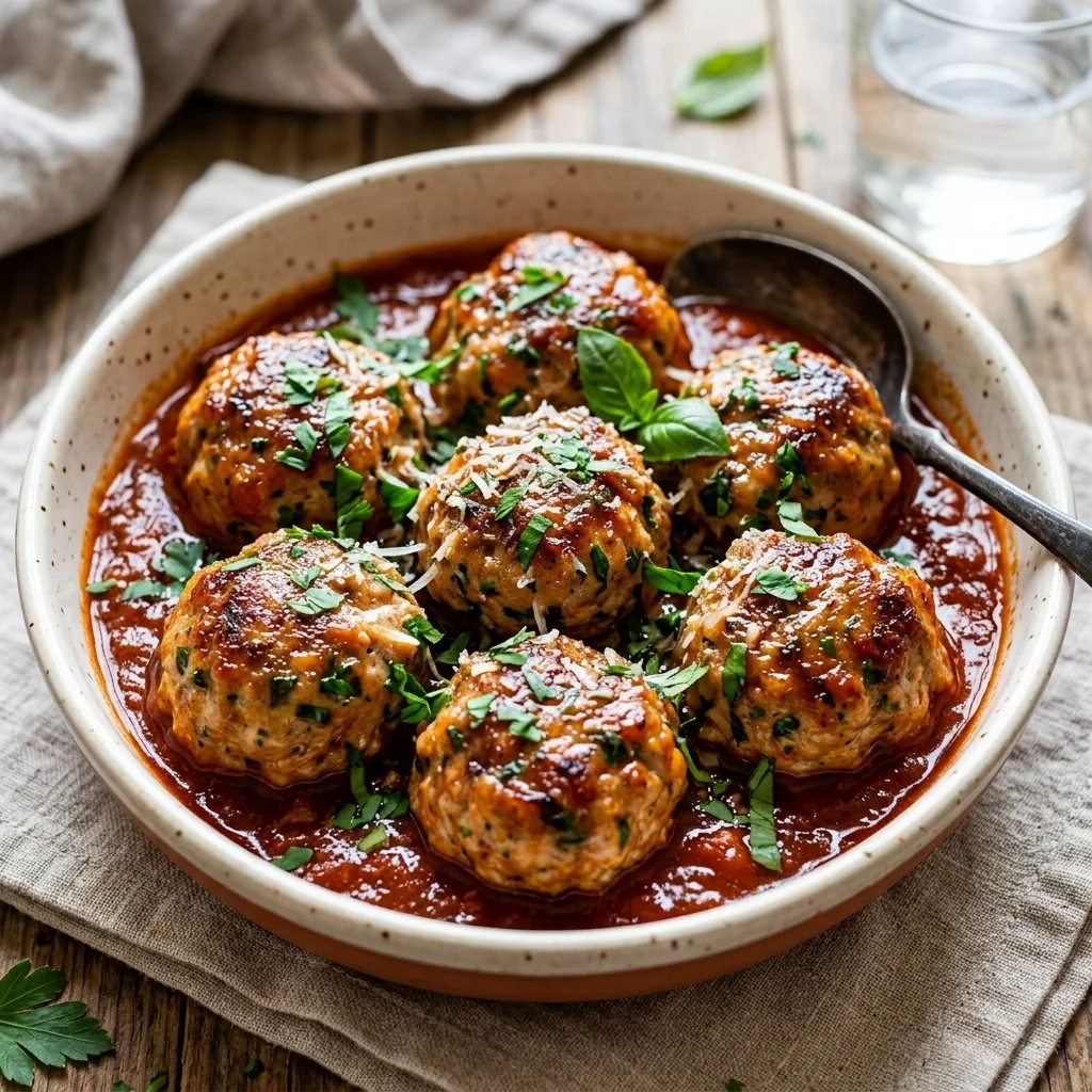 Healthy turkey meatballs garnished with herbs, served on a plate