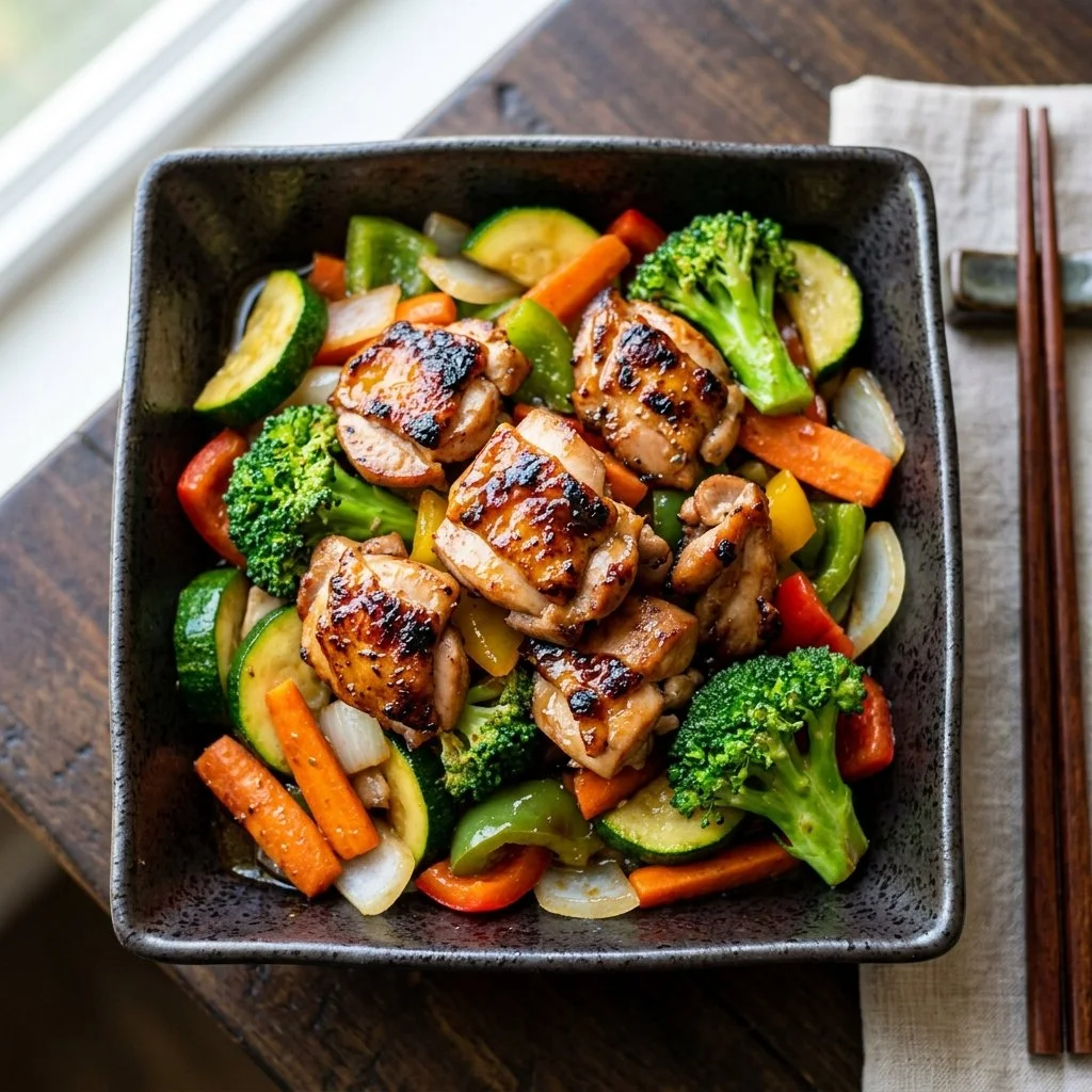 Hibachi Chicken and vegetables on a sizzling grill