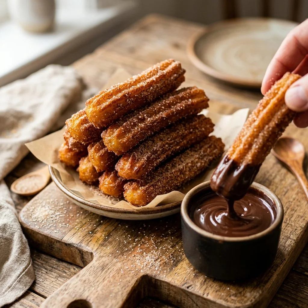 Freshly made homemade churros dusted with sugar