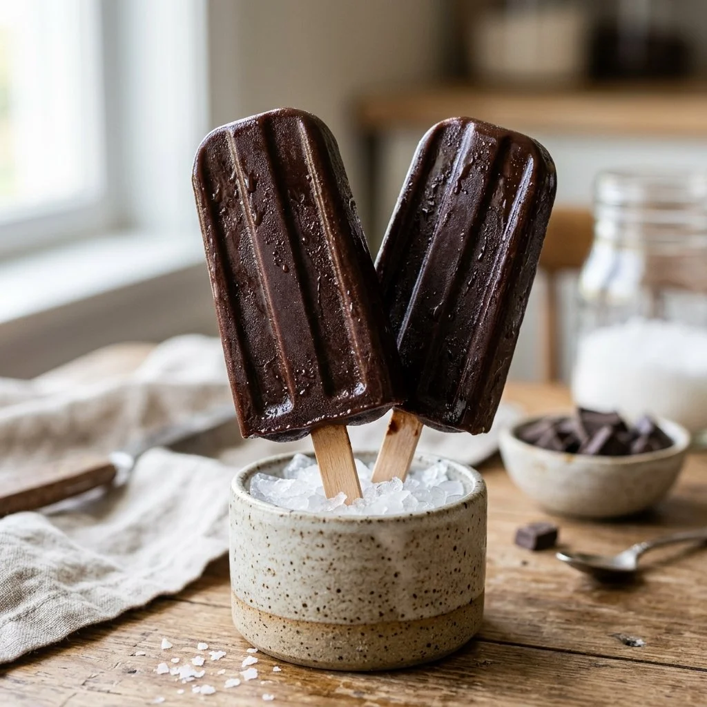 Homemade fudge pops in a stack, rich in chocolate flavor and perfect for summer.