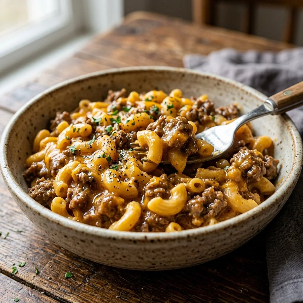 A delicious homemade Hamburger Helper served in a bowl with herbs on top.