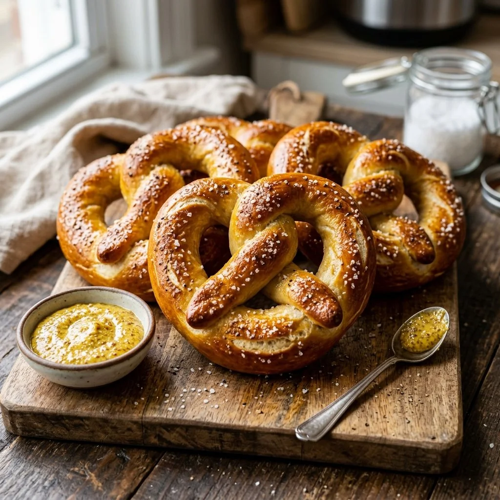 Freshly baked homemade soft pretzels served warm with coarse salt