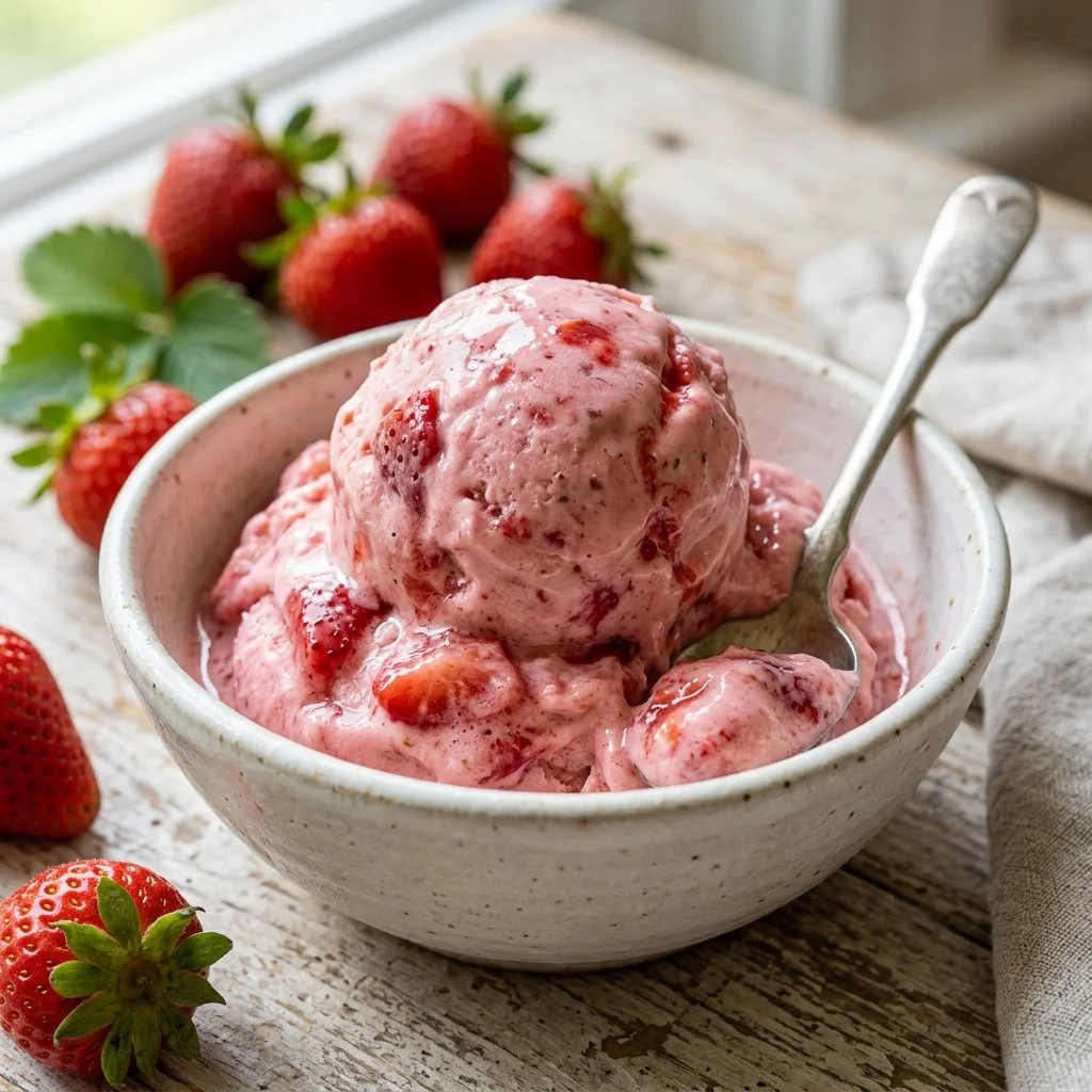 Bowl of creamy homemade strawberry ice cream topped with fresh strawberries