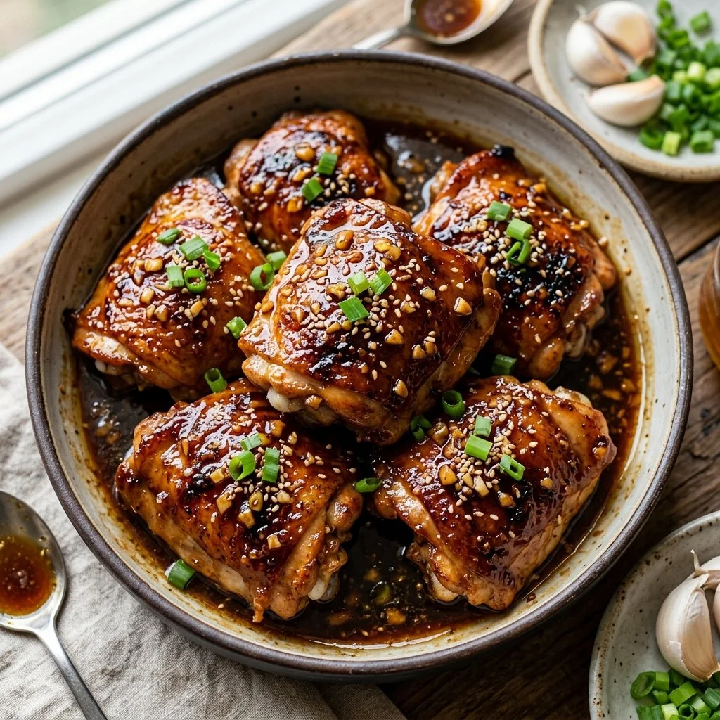 Delicious Honey Garlic Chicken Thighs served on a plate with vegetables
