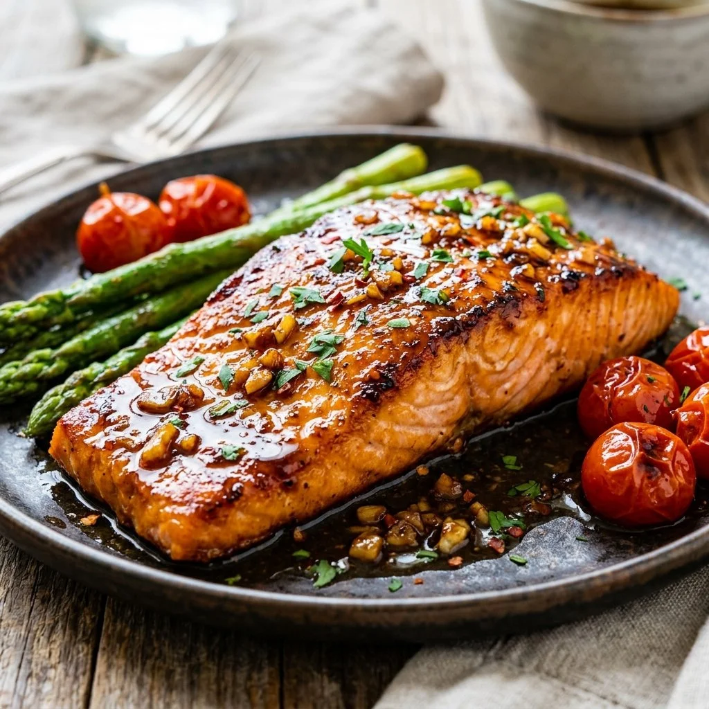 Freshly cooked honey garlic salmon fillet served with vegetables