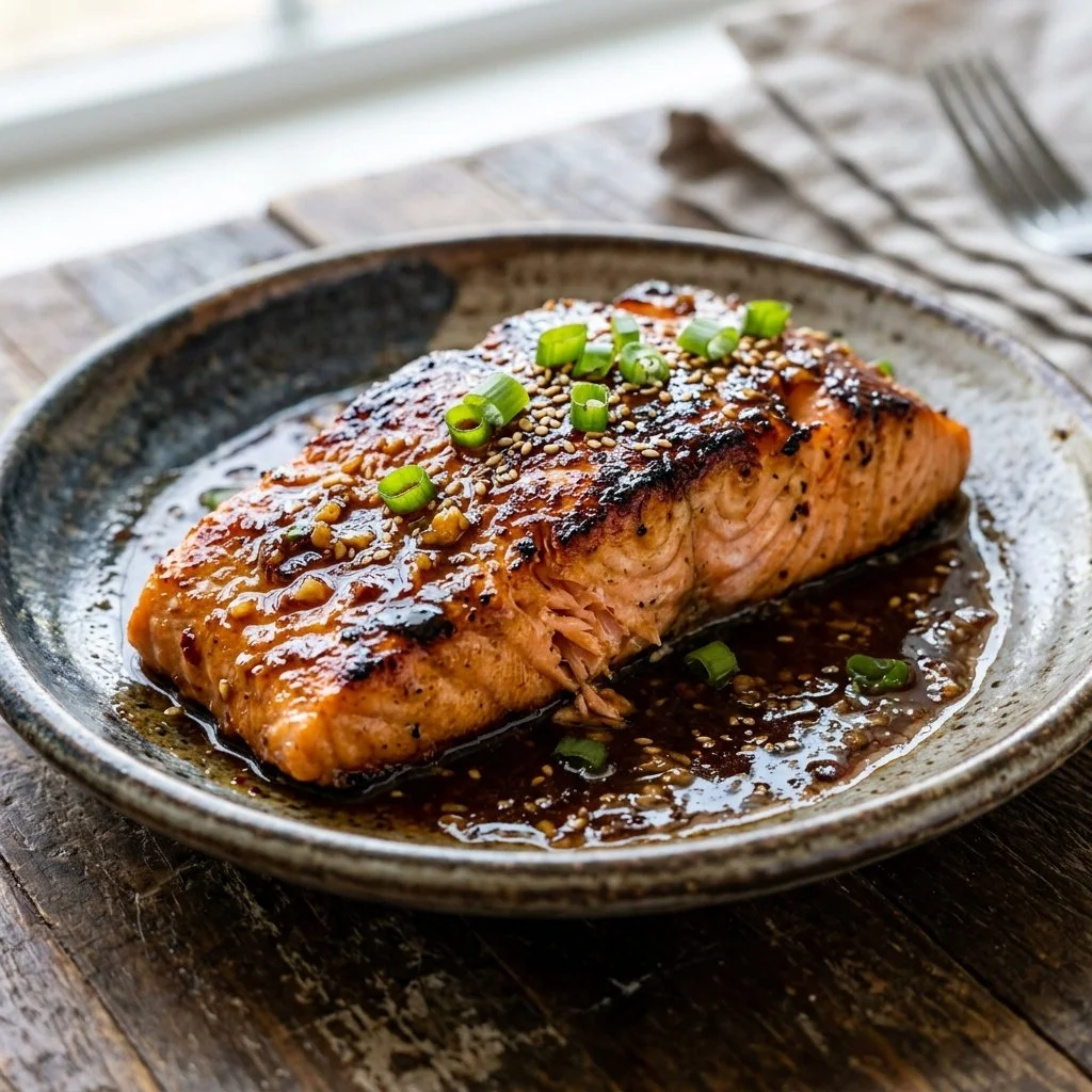 Delicious honey garlic salmon on a plate with fresh herbs