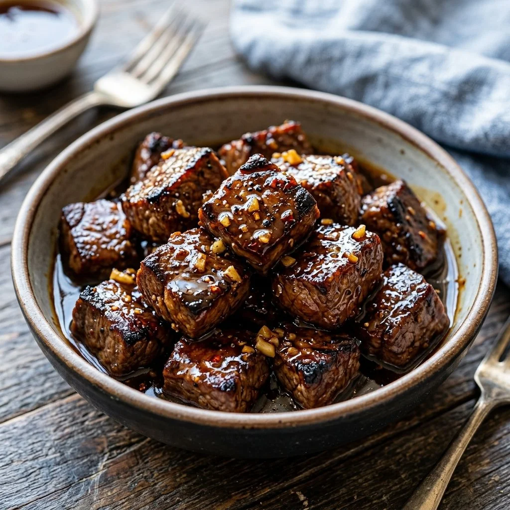 Honey garlic steak bites served on a plate, garnished with herbs.