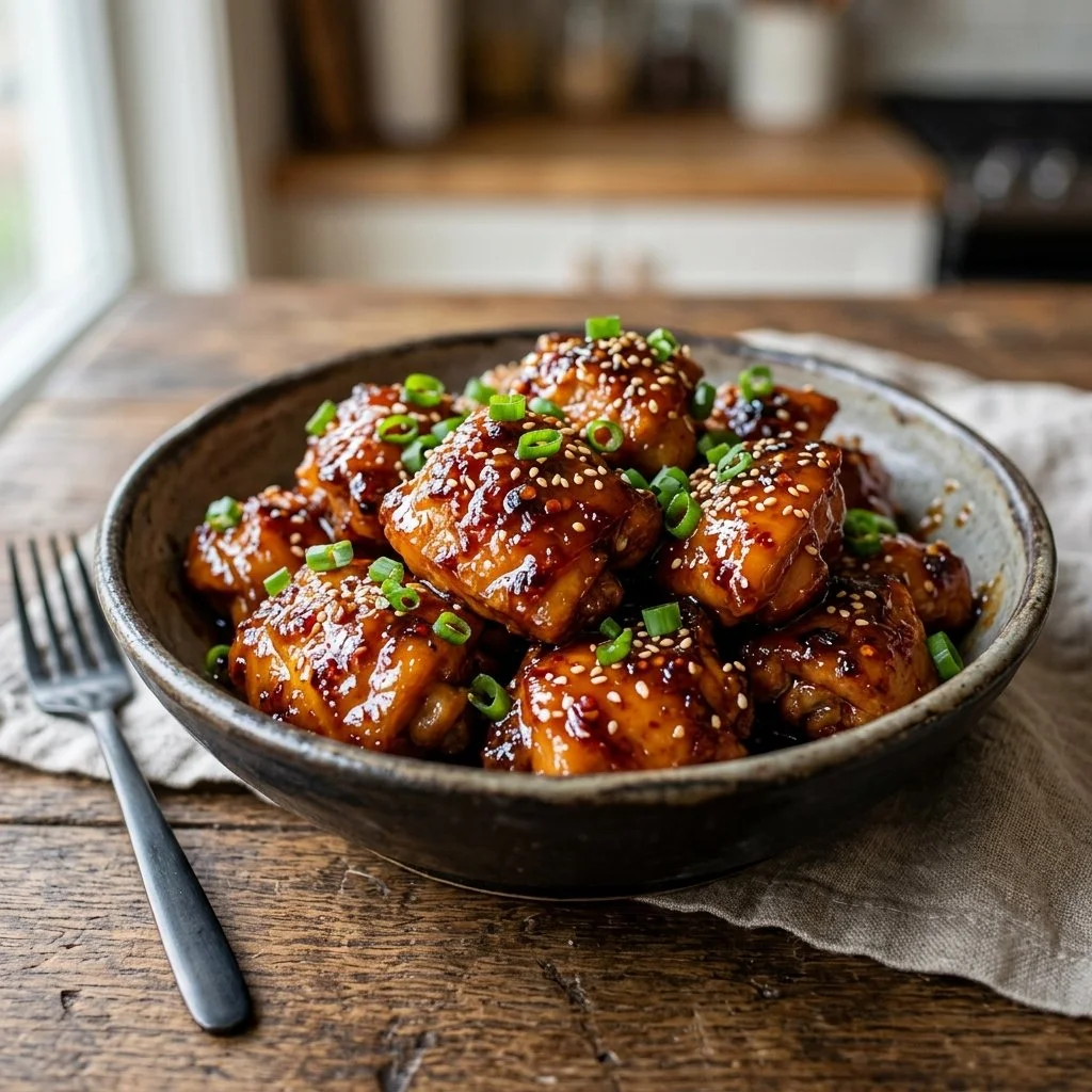 Delicious Honey Sriracha Chicken served with rice and vegetables.