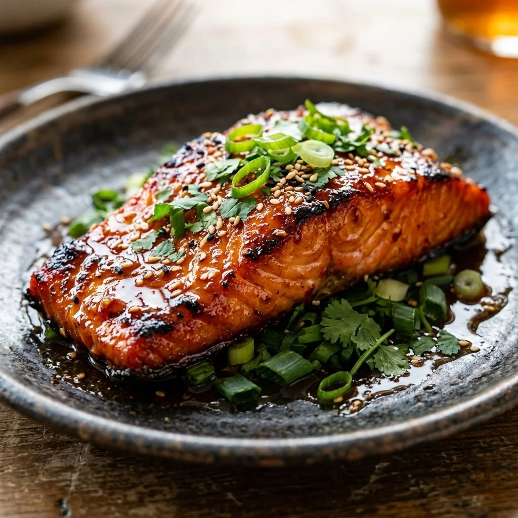 Honey Sriracha Salmon dish garnished with fresh herbs
