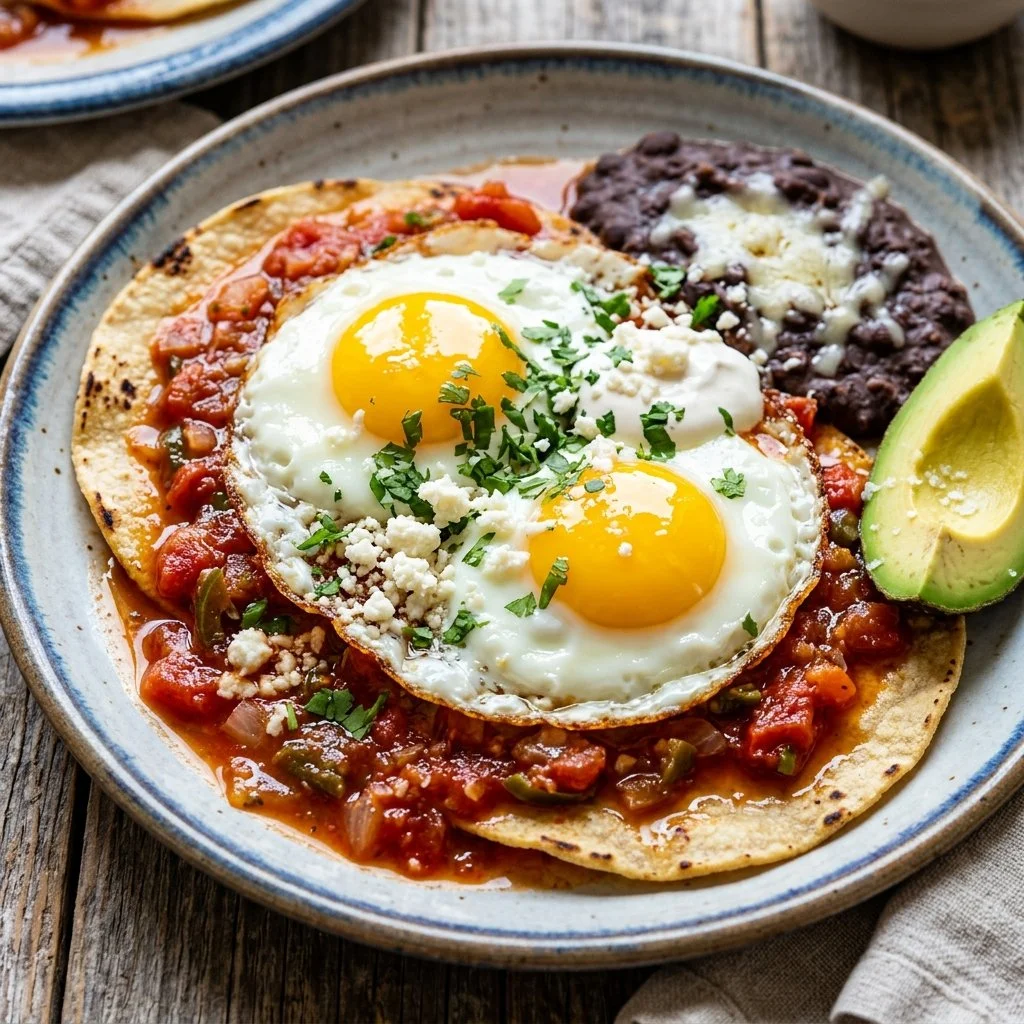 Plate of Huevos Rancheros with eggs, tortillas, and salsa.