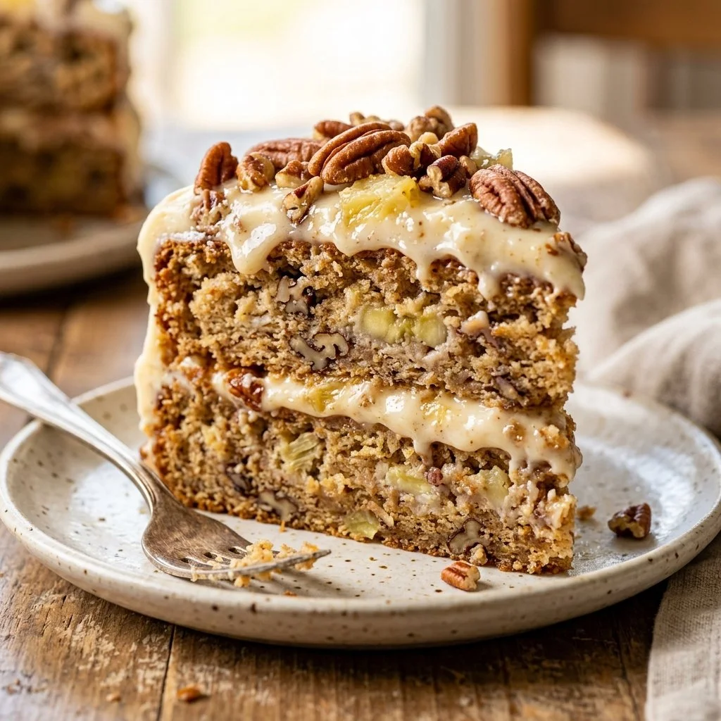Delicious Hummingbird Cake topped with cream cheese frosting and garnished with nuts