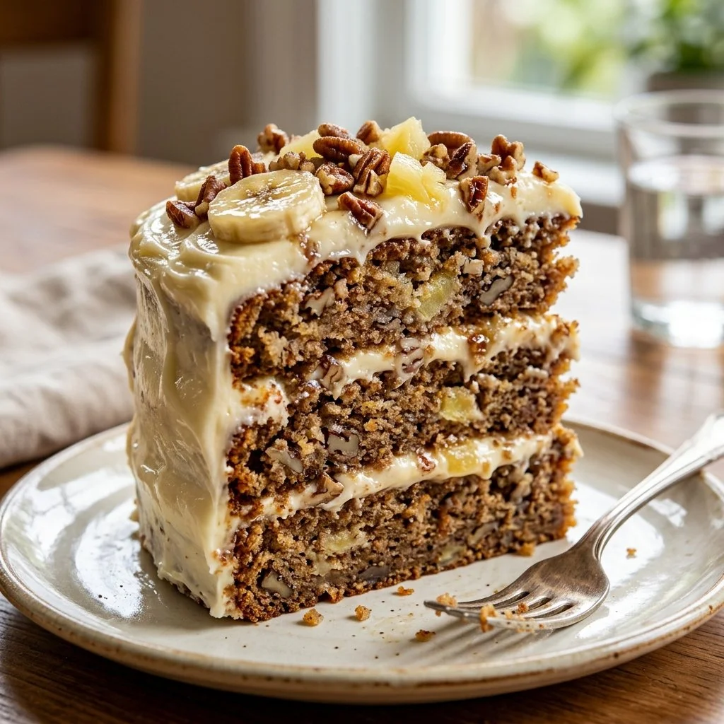Delicious slice of Hummingbird Cake topped with cream cheese frosting and fruits.