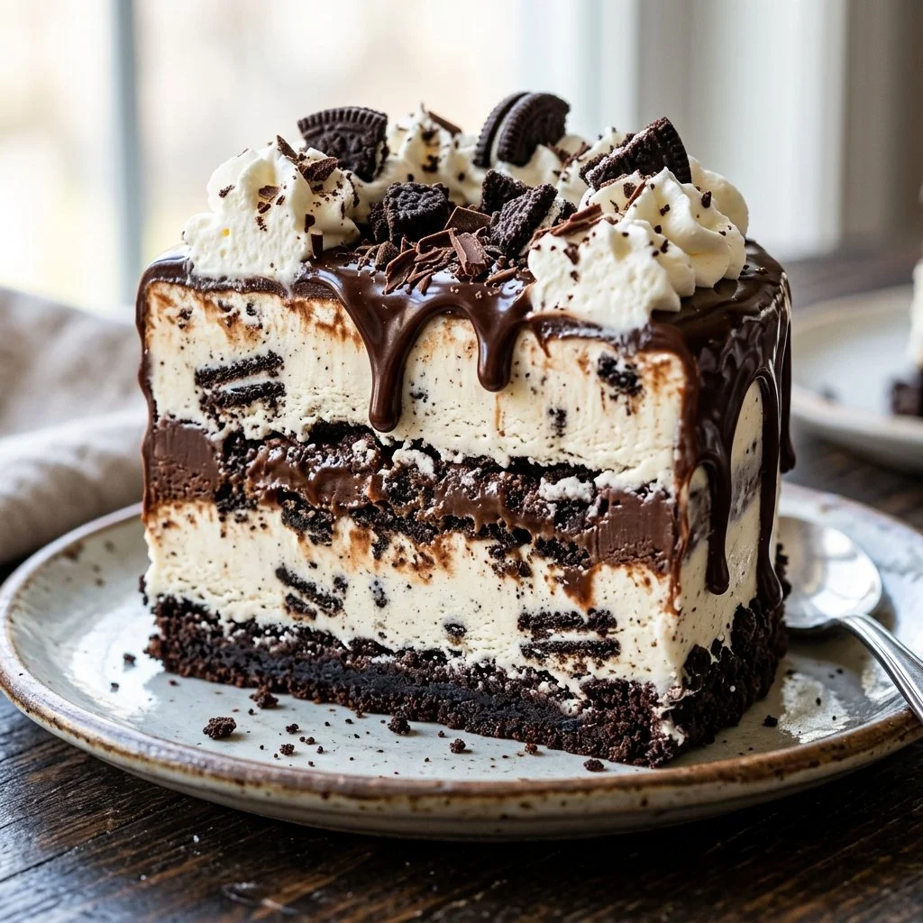 Delicious layered Ice Cream Cake with vibrant decorations