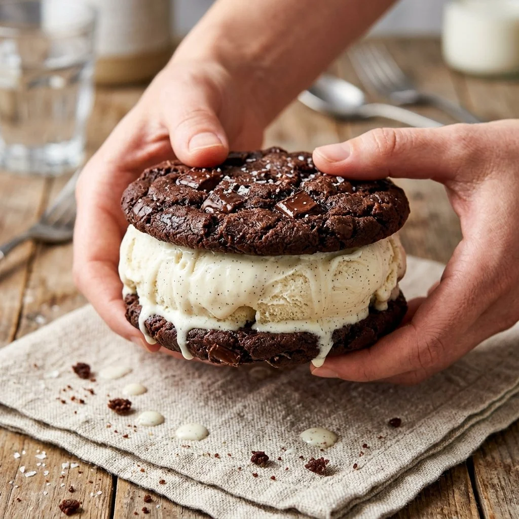 Delicious ice cream sandwich with cookies and creamy filling