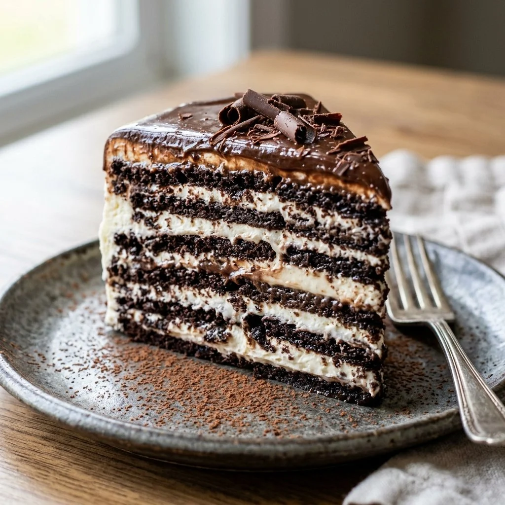Delicious and layered icebox cake with creamy frosting and chocolate decoration.