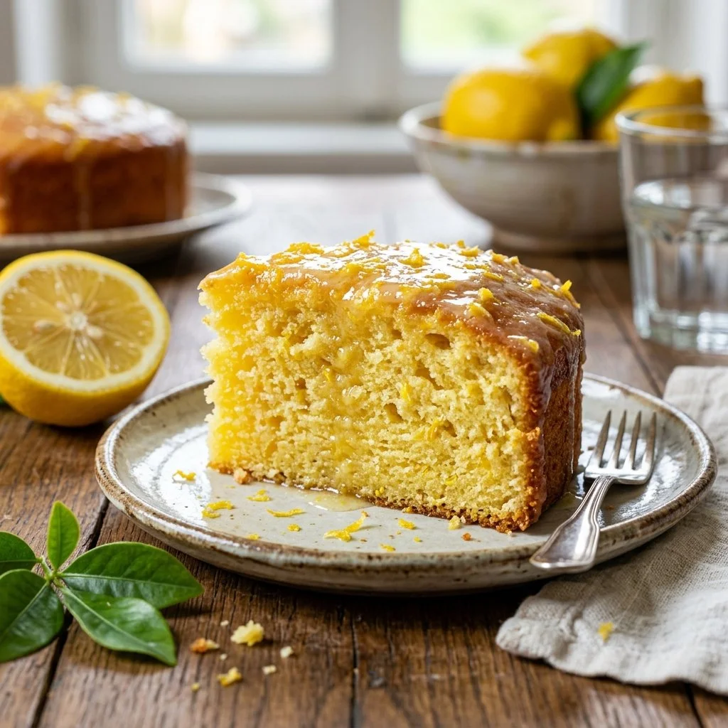 A slice of Italian Lemon Cake topped with lemon zest and fresh berries.