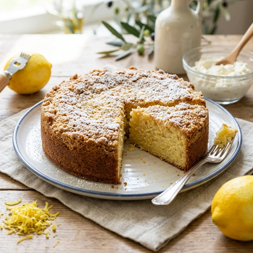 Slice of Italian Lemon Ricotta Cake topped with lemon zest and berries