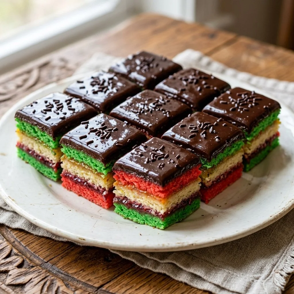 Italian Rainbow Cookies with colorful layers and almond flavor