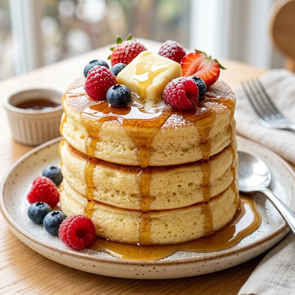 Fluffy Japanese Souffle Pancakes served with syrup and berries